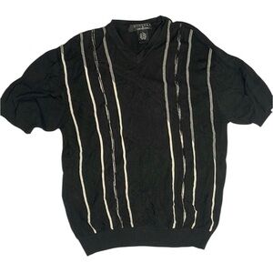 Black and White V-Neck Sweater with Vertical Stripes